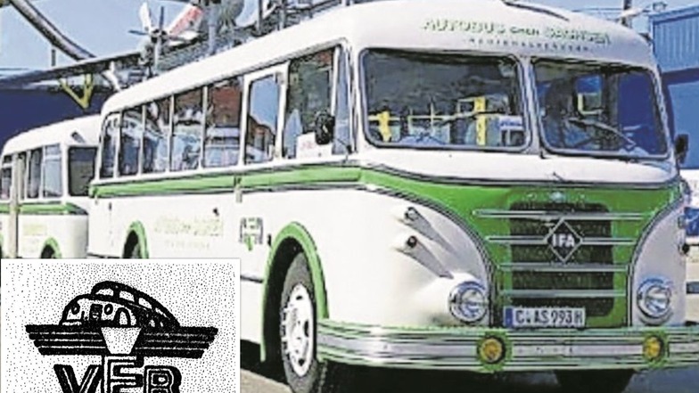 Ein in Werdau gebauter H 6B-Bus mit Anhänger. Dadurch ließ sich die Transportkapazität erhöhen. Kleines Bild: das Logo der volkseigenen Kraftverkehrsbetriebe.