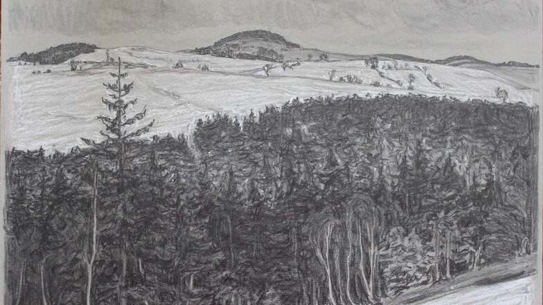 Die Zeichnung "Landschaft mit Geisingberg" von Alexander Hoffmann ist von 1908.