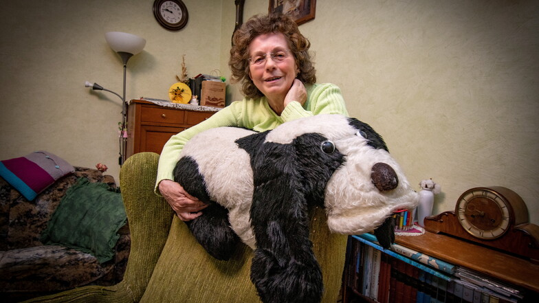 Den Stoffhund, der den Sessel von Rita Lehmann bewacht, hatte ihr Sohn vor 40 Jahren zum Geburtstag geschenkt bekommen. Damals hatte sie den Döbelner Bürgermeister eingeladen – die Stadt feierte gerade ihr 1000-jähriges Bestehen.