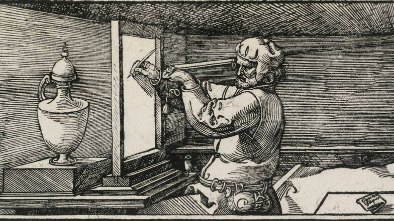 "Zeichner einer Kanne" ist eine Illustration von Albrecht Dürer aus seinem 1525 erstmals veröffentlichtem Lehrbuch "Underweysung der Messung" . Darin zeigte er, wie Künstler mithilfe von Apparaturen Dinge und Menschen in Perspektive zeichnen können.