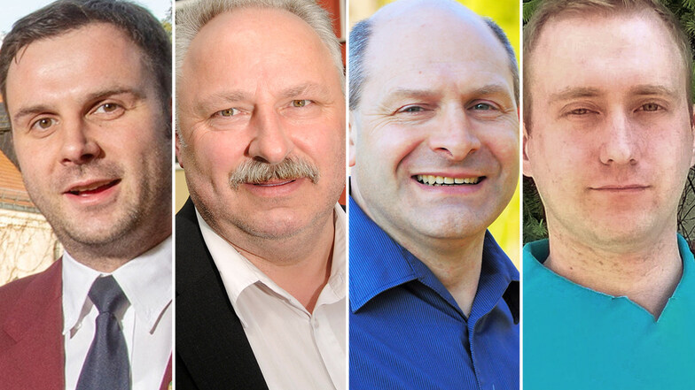 Sebastian Schumann, Siegmar Dörschel, Falk Lindenau und Christian Reck wollen neuer Bürgermeister von Schönfeld werden.