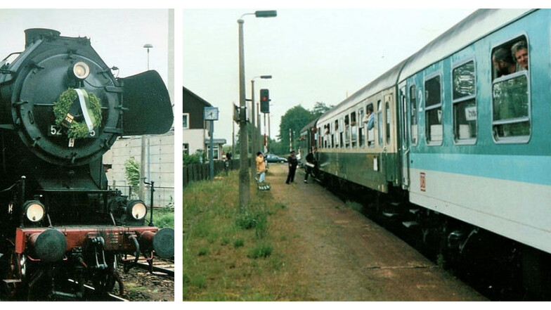 Mit einem Trauerkranz an der Front fuhr der letzte Personen-Zug vor 25 Jahren in Niedercunnersdorf ein. Der Bahnsteig blieb leer (rechts).