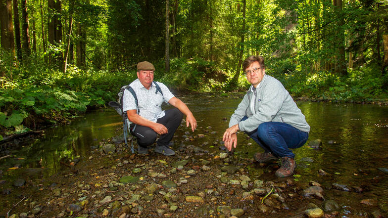 Die Idee: Trittsteine in der Polenz könnten eine Flussquerung ermöglichen. Die passende Stelle haben Mathias Klimmer (li.)und Rolf Böhm schon gefunden.