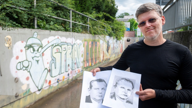 Sebastian Bieler zeigt eines der Porträts, die gesprüht werden sollen. Es ist Carlo Mierendorff, ein bekannter Politiker aus Großenhain.