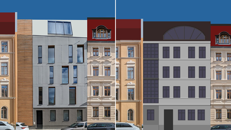 Das Haus Obersteinweg 20a: Links das tatsächliche Haus, rechts der Entwurf von Frank Vater, der sich stärker an den Nachbargebäuden orientiert.