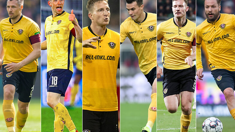 Dynamos Kapitäne in dieser Saison: Sören Gonther, Jannik Müller, Marco Hartmann, Philip Heise, Florian Ballas und Patrick Ebert (v.l.n.r.).