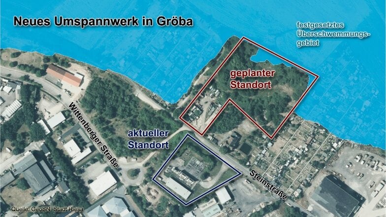 Das neue Umspannwerk soll gegenüber vom alten entstehen. Die Fläche ist derzeit teilweise noch von einem Containerdienst belegt. In der Grafik außerdem zu sehen: Das amtlich festgesetzte Überschwemmungsgebiet im Falle eines hundertjährigen Hochwassers.