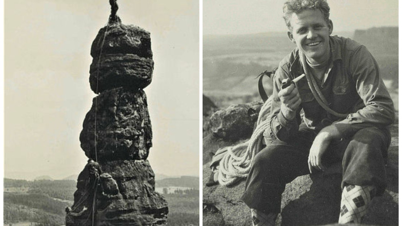 Kletterrunde in der Sächsischen Schweiz im Juni 1956: Mit der Sebnitzer Seilschaft Heinz Mitzscherlich, Roland Simmchen und Lothar Meister erklimmt Täve Schur (Foto links, unten) die Barbarine. Auf dem Gipfel angekommen, gab es von den Bergfreunden auch m