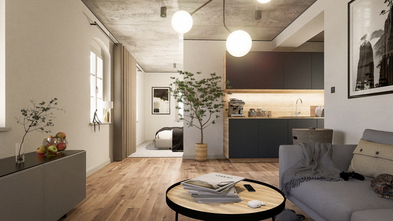 Visualisierung eines der Apartments: Hochwertige Einrichtung, nachhaltige Bauweise.