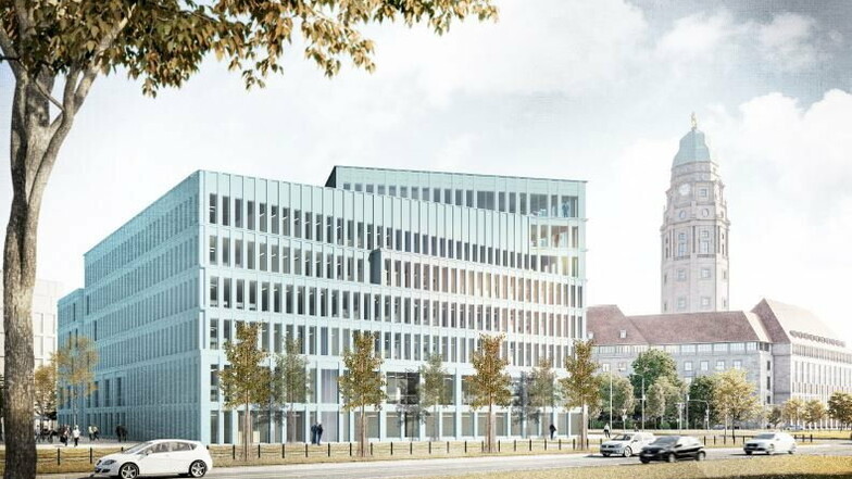 So stellen sich Architekten das neue Verwaltungszentrum am Ferdinandplatz in Dresden (Blick von St. Petersburger Straße) vor. Es ist einer von zwei Entwürfen, über die in reichlich einem Monat final abgestimmt wird.