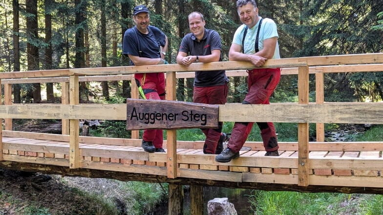 Die Waldarbeiter Jens Dittrich, Ron Fischer und Uwe May  haben die neuen Wanderwegbrücken bei Schellerhau konstruiert.