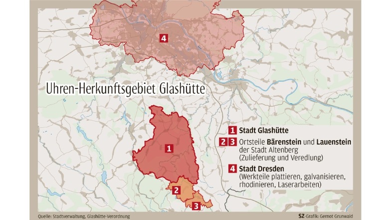 Zum Herkunftsgebiet "Glashütte" gehören neben dem eigentlichen Stadtgebiet mit Einschränkungen auch die Altenberger Stadtteile Bärenstein und Lauenstein sowie die Stadt Dresden.