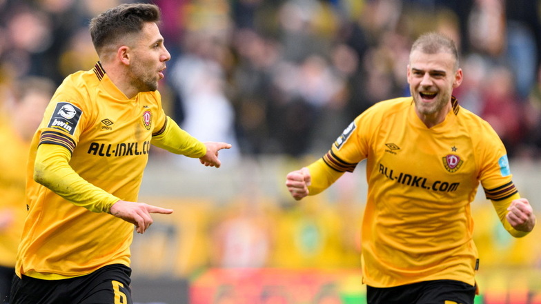 Die Dresdner jubeln erneut: Ahmet Arslan erzielt sein elftes und zwölftes Saisontor gegen den Halleschen FC.