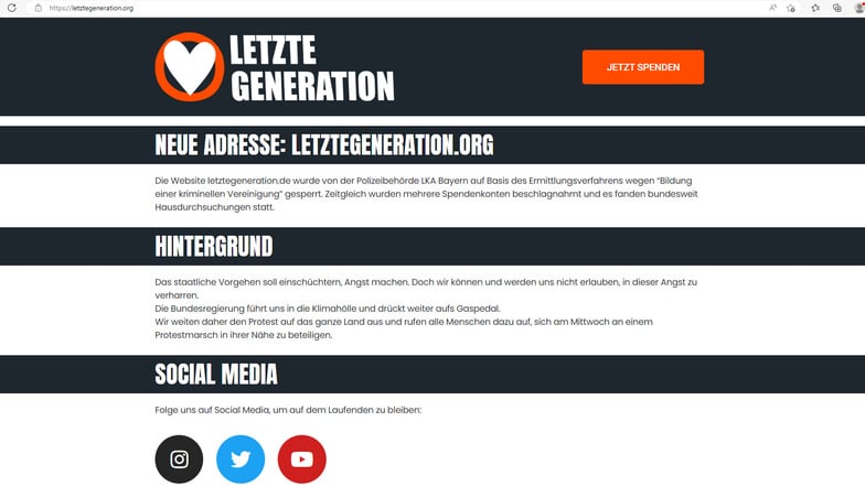 Die "Letzte Generation" ist mit einer neuen Seite online. Die vorherige Domain der Gruppe wurde von der Polizei abgeschaltet.