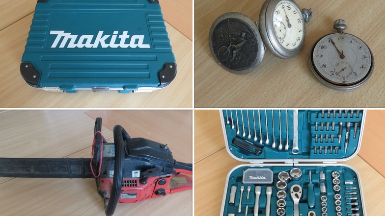 Besitzer gesucht für einen Makita-Werkzeugkoffer, eine Matrix-Kettensäge und zwei Taschenuhren.