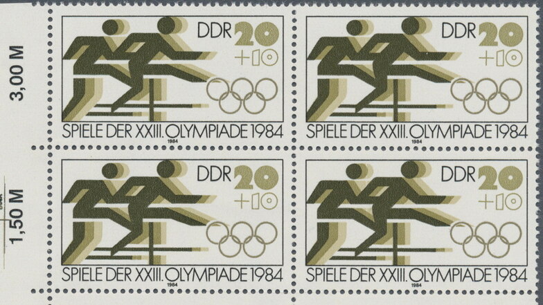 Auch in der DDR wurden produzierte Marken nicht in Umlauf gebracht - wie diese zu den vom Ostblock boykottierten Olympischen Sommerspielen 1984 in Los Angeles. Immerhin wurde das Design der dreiteiligen Serie vier Jahre später für die Spiele in Seoul verw