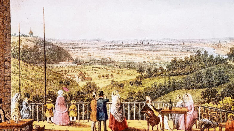 So schauten die feinen Herrschaften aus Dresden und Umgebung im 19. Jahrhundert von der Paradies-Terrasse in die Landschaft. Winzer Udo Kühn (oben rechts) ist hier beheimatet und sammelt historische Darstellungen zum Paradies.