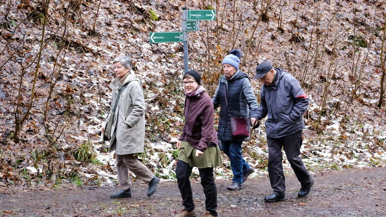 Christiane Bense (links), stellvertretende Vorsitzender der Meißner Regionalgruppe des BUND, wandert gemeinsam mit Mitgliedern und der SZ durch den Stadtwald.