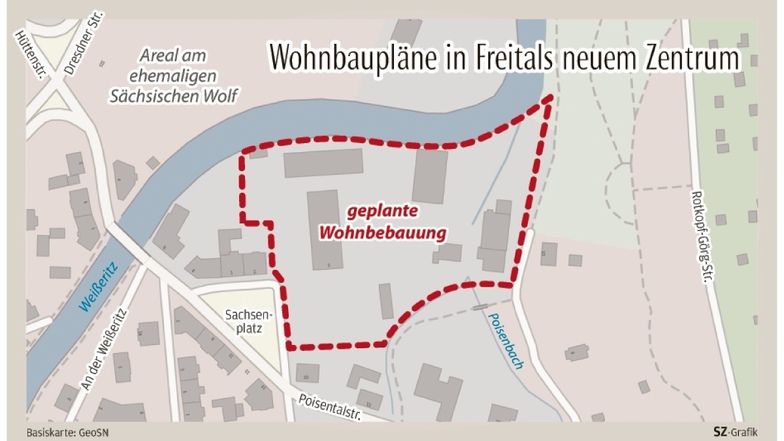 Auf dieser Fläche zwischen Weißeritz und Poisenbach, wo auch der Deubener Mühlgraben ankommt, soll ein Wohngebiet entstehen.