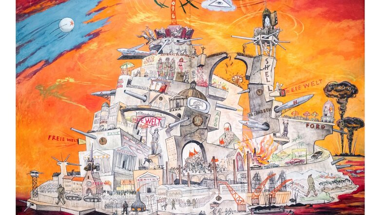 Platz 5:
„Die freie Welt des Imperialismus“ von Oskar Nehringer. Obwohl schon 1958 gemalt, nahm es in seiner Comichaftigkeit viel Zukünftiges vorweg. Heute lässt es sich kaum von kapitalismuskritischer Gegenwartskunst unterscheiden. Repro: SKD
