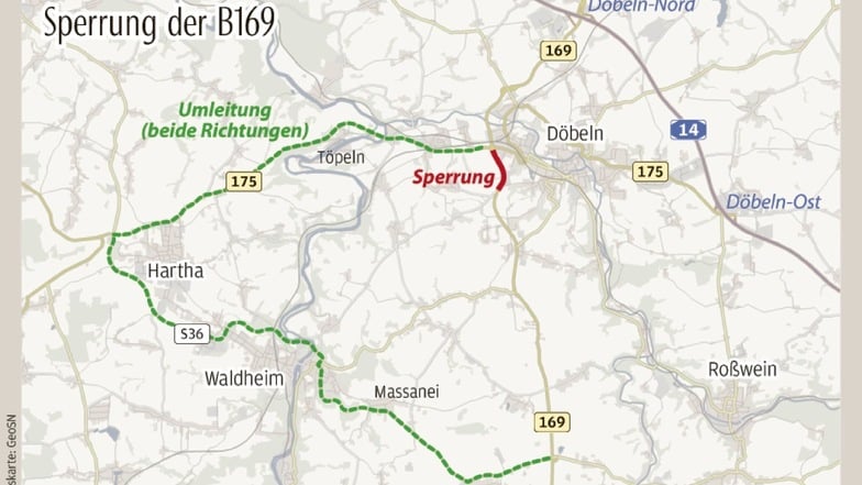 Die Umleitung führt von der Mastener Straße in Döbeln über Hartha, Waldheim, Massanei und Reichenbach zur B169 beziehungsweise in umgekehrter Richtung.