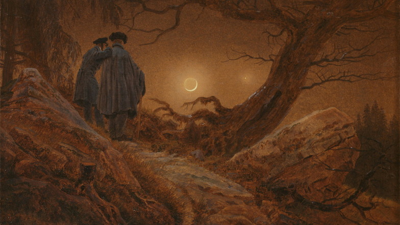 Caspar David Friedrich; "Zwei Männer in Betrachtung des Mondes" (Ausschnitt). 1819/20 Öl auf Leinwand. Das Gemälde aus dem Dresdner Albertinum wird auch dort im Rahmen der Caspar-David-Friedrich-Ausstellung ab 24. August zu sehen sein.