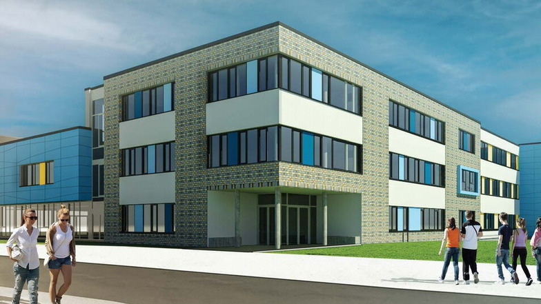 Die Entwurfsplanung zeigt die neue Oberschule der Stadt Rothenburg. Links schließen sich die Mensa und darüber die Fachkabinette an.