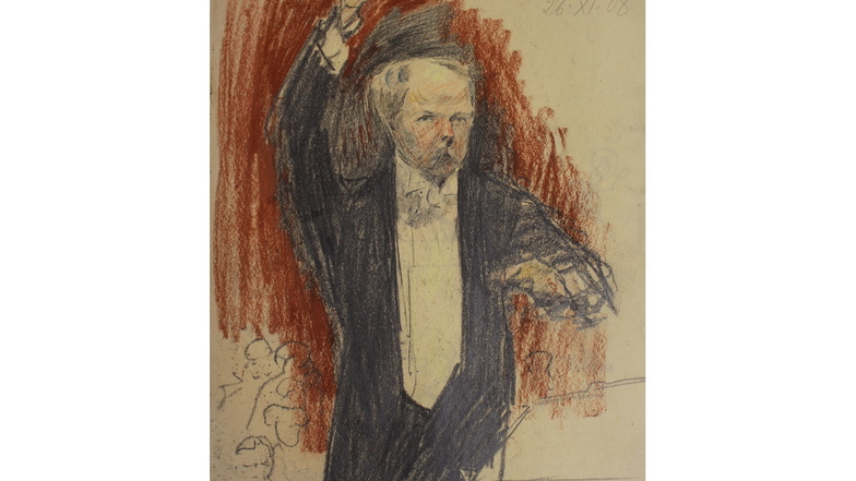 Eine Szene aus dem
Leipziger Gewandhaus, wie der Maler Robert
Sterl auf dem Blatt
vermerkte. Er zeichnete den Dirigenten
Ernst von Schuch am
26. November 1908
mit farbiger Kreide.