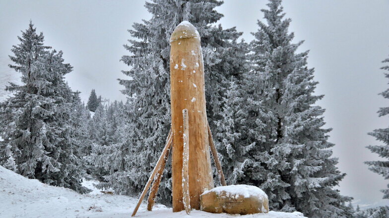 Da steht er wieder: Eine etwa zwei Meter hohe Phallus-Skulptur aus Holz ist auf dem Berg Grünten zu betrachten.
