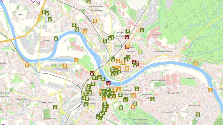 Dresdens Themenstadtplan bietet einen Überblick, welche Gaststätten barrierefrei (grün), mit geringen Einschränkungen (orange) oder gar nicht bzw. mit großen Einschränkungen (rot) besucht werden können.