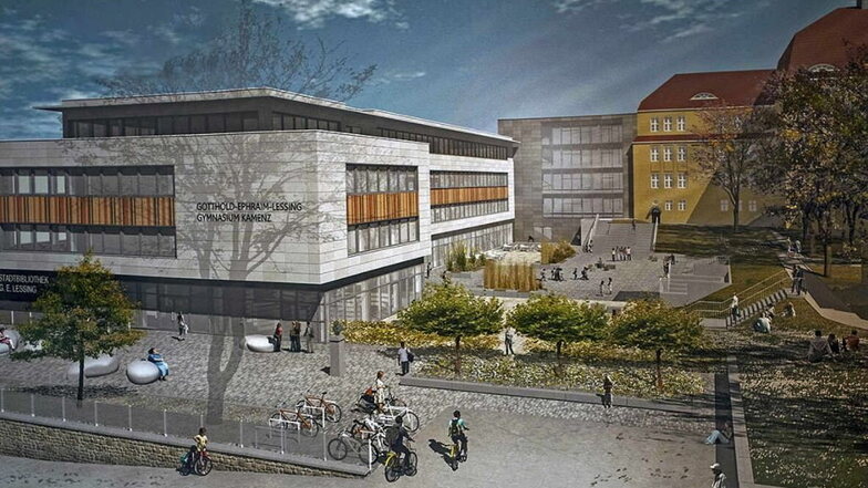So wird der Schulcampus an der Oststraße in Kamenz aussehen, wenn alles fertig ist. Der historische Teil (r.) wurde energetisch saniert. Der Neubau beherbergt auch die neue Lessing-Bibliothek. Fehlt nur die Turnhalle. Vorerst wird mit einem Shuttle an de