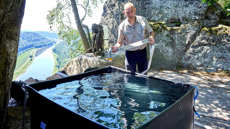 An der Kanapee Aussicht steht auch ein Faltbecken mit zwei Kubikmeter Wasser zum Löschen, Jörg Roß, Mitarbeiter im Nationalpark Sächsische Schweiz löscht auch am Dienstagnachmittag noch Glutnester.