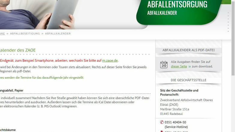Der SZ-Screenshot zeigt die Internetseite des Abfallzweckverbandes Oberes Elbtal (ZAOE).