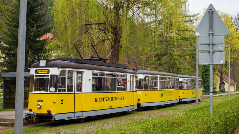 Die historische Kirnitzschtalbahn im Kurpark von Bad Schandau. Künftig könnte das Gleis über die Elbe bis zum Nationalparkbahnhof führen.