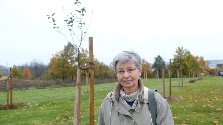 Christiane Bense an der mit bislang 18 Babybäumen bepflanzten Wiese in der Nähe des Krankenhauses.
