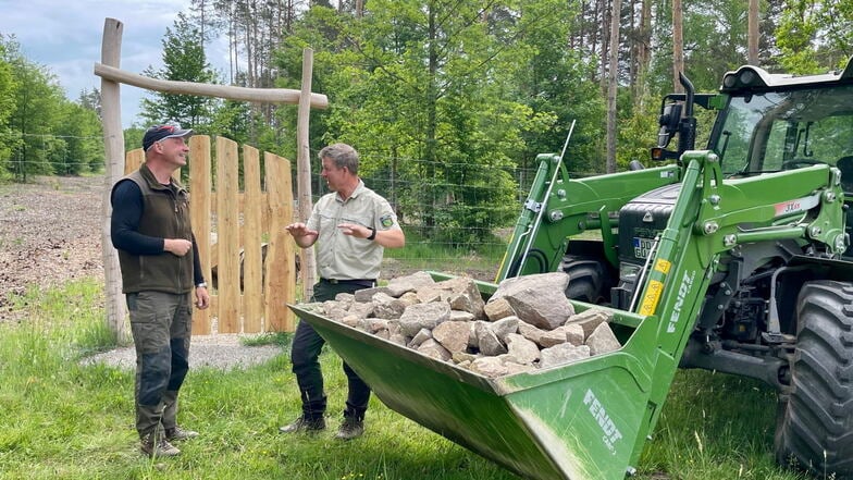 Steffen Pritzke (li.) und Marko Groß besprechen die weiteren Arbeiten für den künftigen erlebbaren Waldrand an der Münchenauwiese im Friedewald.