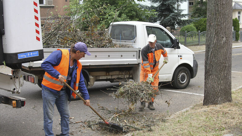 Mitarbeiter des Bauhofes Hartha verladen Baumverschnitt auf einen Lastwagen. Unter anderem an Bäumen im Stadtpark ist Totholz beseitigt worden.