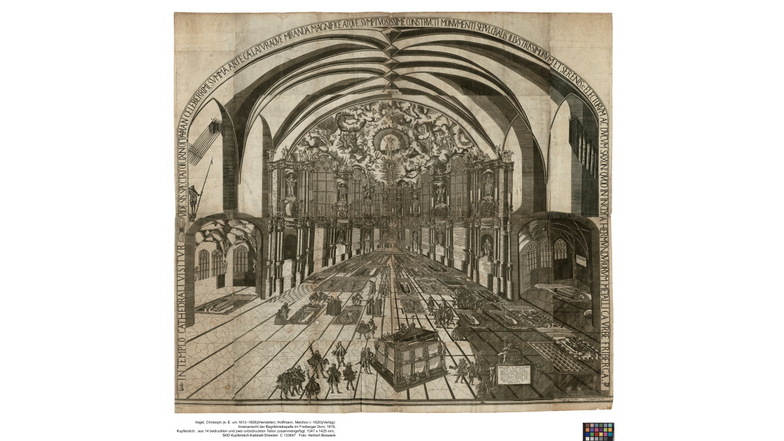 Diese Innenansicht der Begräbniskapelle im Freiberger Dom aus dem Jahr 1619 setzt sich aus 14 Kupferstichen von Christoph Vogel zusammen. Das Blatt ist 134,7 x 142,5 cm groß.