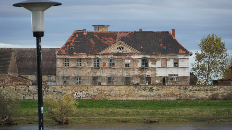 Schloss Promnitz vom Riesaer Elbufer gesehen. Die Fassade ist eingerüstet. Maurer und Putzer sind am Werk.