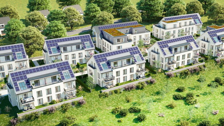 Zehn Mehrfamilienhäuser samt Tiefgarage will ein Dresdner Investor in Possendorf bauen. Die Visualisierung zeigt einen Ausschnitt des geplanten Wohngebietes.