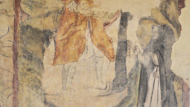 Das Bild zeigt den heiligen Christophorus, der wegen der niedrigen Decke nur bis zu Hüfte sichtbar ist.