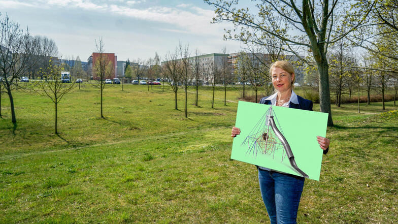 Viel Platz für neue Spielgeräte: BWB-Geschäftsführerin Kirsten Schönherr zeigt einen Seilzirkus, der hier im Erlebnispark im Bautzener Stadtteil Gesundbrunnen aufgebaut wird.