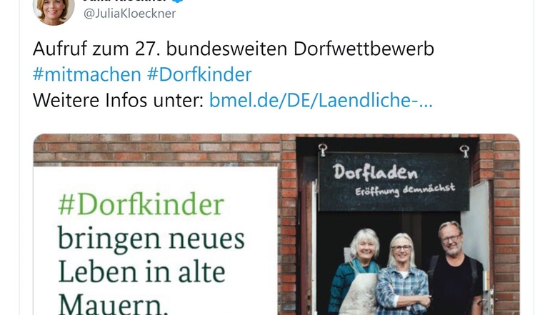 Screenshot vom Twitter-Kanal von Agrarministerin Julia Klöckner.