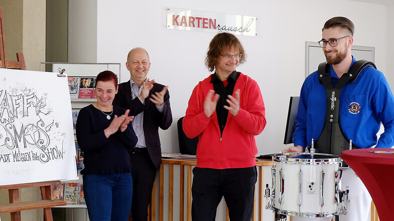 Sie sind am 30. März dabei: Winzerin Anja Fritz, Moderator Martin Quilitz, Künstler Leo und Patrice Gräfe vom Lommatzscher Spielmannszug.