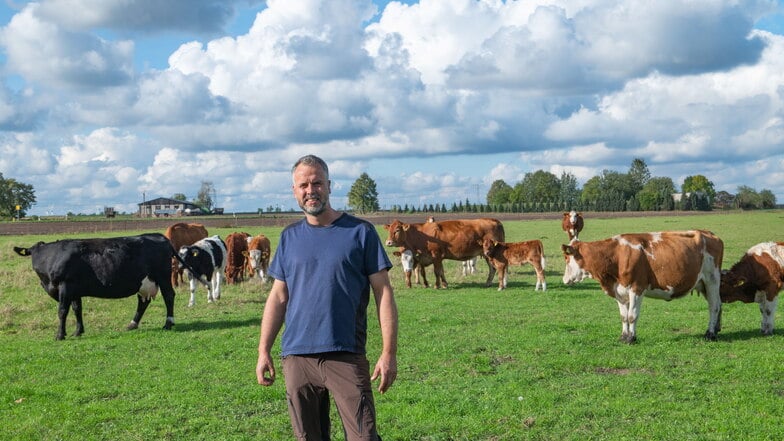 Landwirt Daniel Krille aus dem Großenhainer Ortsteil Wildenhain mit seinen Schützlingen. Anfang 2019 übernahm er den elterlichen Betrieb und setzte auf Direktvermarktung.