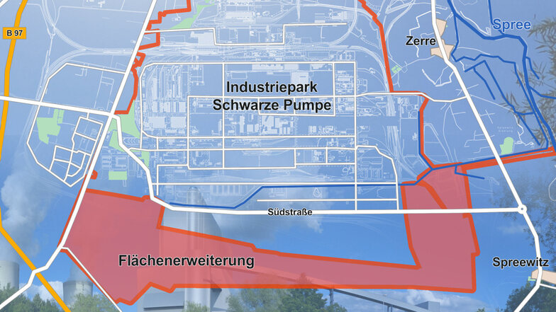 Unterhalb der Südstraße wäre - in Blau - bereits eine Vergrößerung möglich. Rot ist die jetzt angedachte Zusatz-Erweiterung.