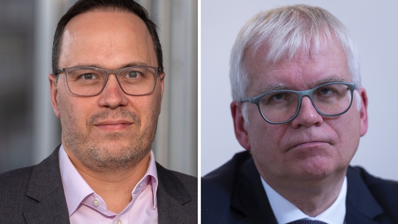 Dirk Panter (SPD, links) und CDU-Finanzminister Hartmut Vorjohann kommen derzeit nicht auf einen gemeinsamen Nenner beim Thema Finanzen für Sachsen.