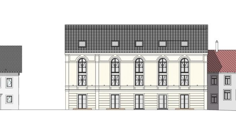 Die Visualisierung zeigt den künftigen Anblick von der Nizzastraße, mit Nebenhaus.