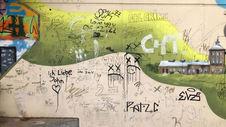 Im Mehrgenerationenpark in Freital-Zauckerode gibt es eine Wand, auf der man offiziell sprühen darf. Trotzdem überwiegen einfache Schmierereien und Botschaften, die Jugendlichen zuzuordnen sind.