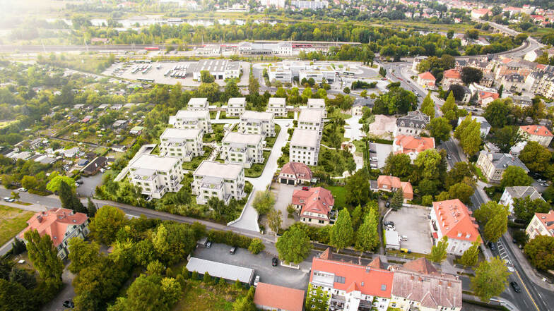 Blick auf den künftigen Wohnpark "Sandsteingärten": Zwölf Häuser mit insgesamt 88 Wohnungen.